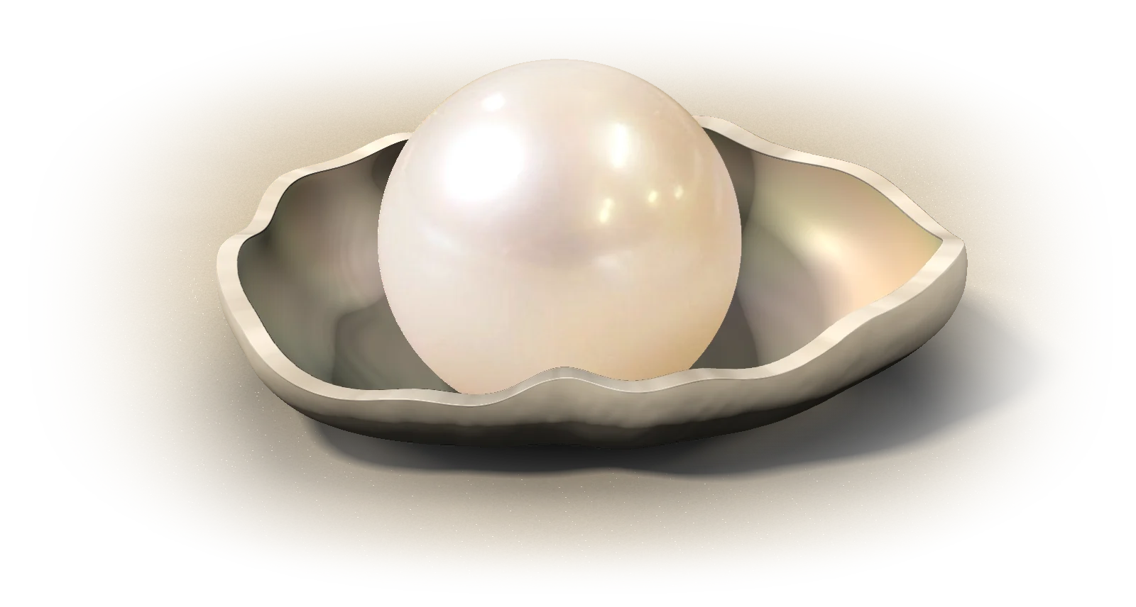 A cream-white pearl resting in the bottom half of an oyster shell on soft sand